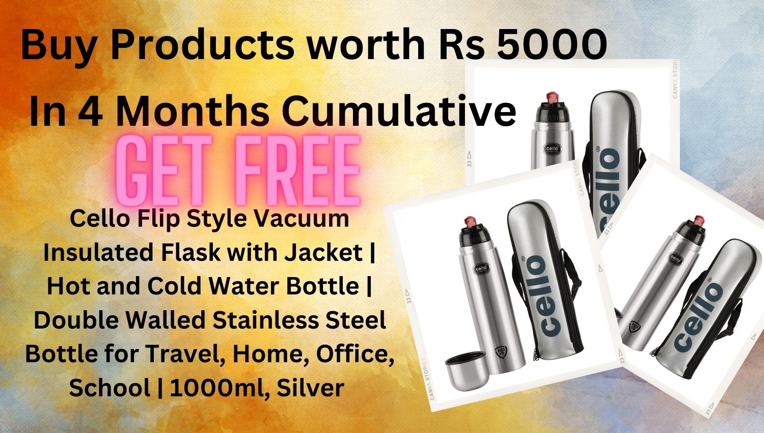 Cello Flip Style Vacuum Insulated Flask with Jacket Hot and Cold Water Bottle Double Walled Stainless Steel Bottle for Travel, Home, Office, School 1000ml, Silver